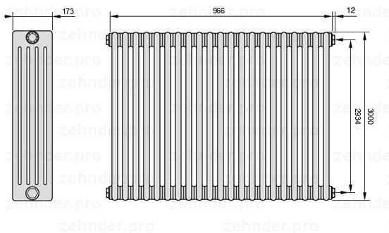 Схема (чертеж) Радиатор Zehnder Charleston 5300/21 №7610 Белый глянцевый RAL 9016